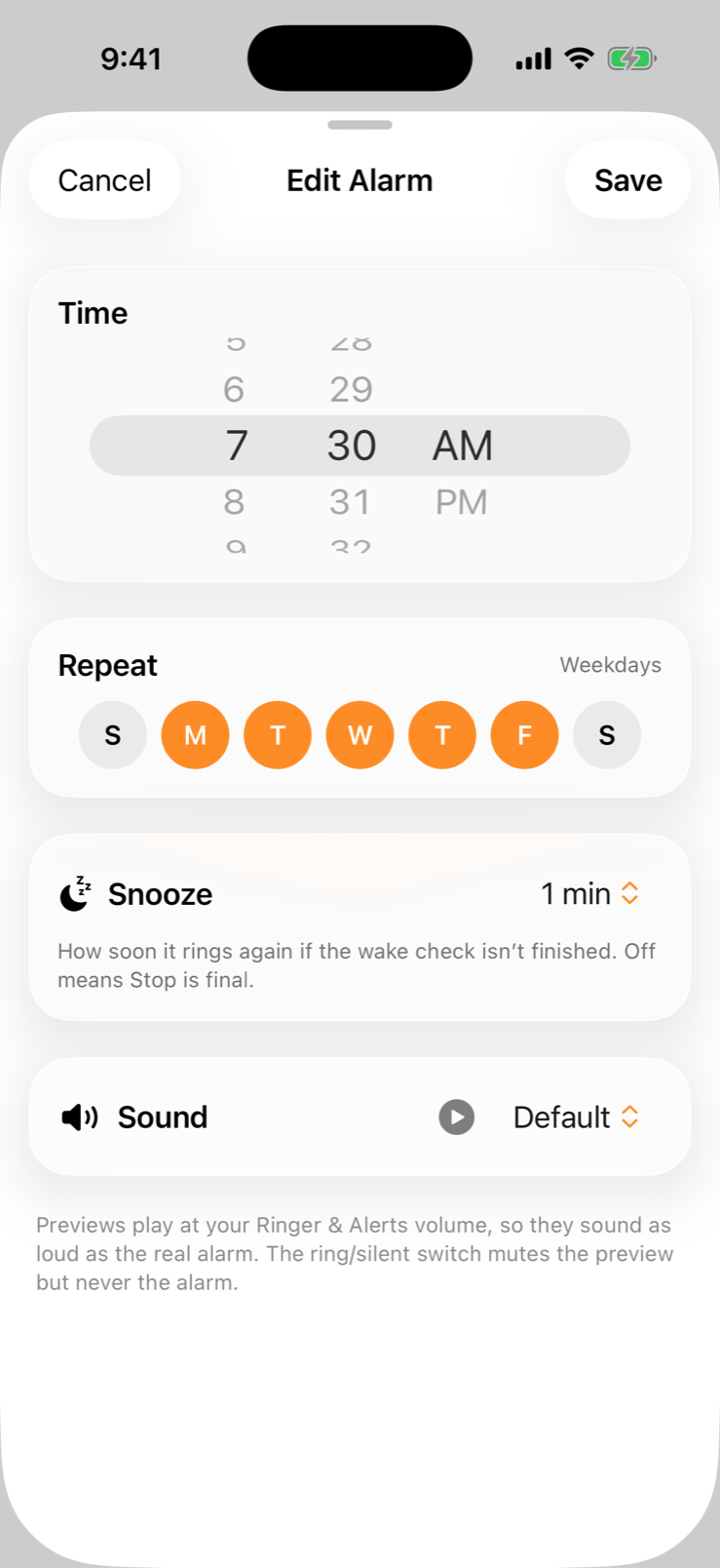 Edit Alarm: 7:30 AM, repeating Monday through Friday, with snooze and sound options