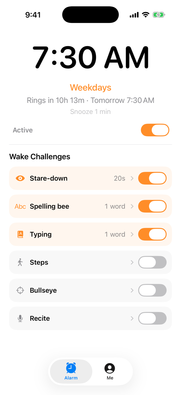 Awake-athon's main screen: a 7:30 AM weekday alarm with Stare-down, Spelling bee and Typing challenges turned on