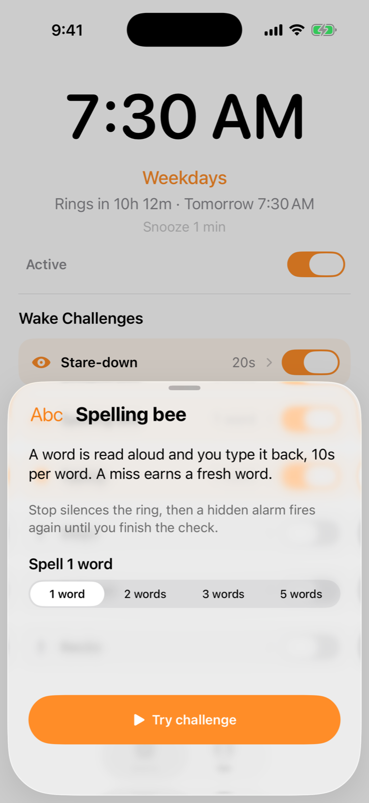 The Spelling bee challenge card with word count options and a Try challenge button
