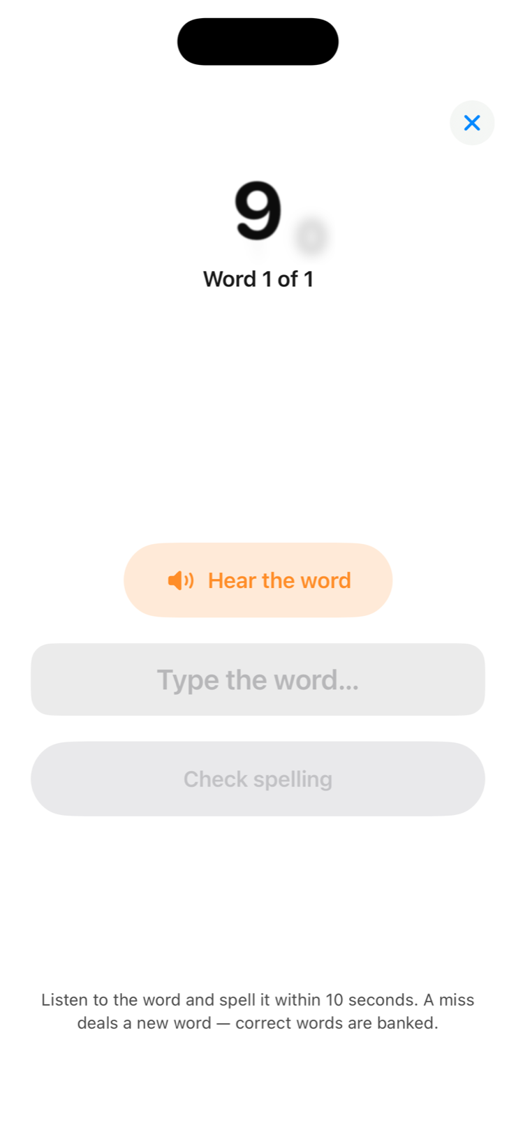 The Spelling bee challenge: a countdown, a Hear the word button and a text field to type the word